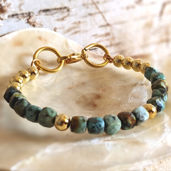 Natural African Turquoise & Gold Balls In Half And Half Beaded Bracelet - Picture 1 of 6